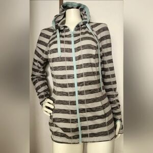 LUKKA Shades of Gray Striped Long Sleeve Hoodie, Sweatshirt Medium